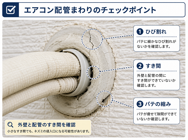 エアコン配管まわりのひび割れ・すき間・パテの縮みを確認するチェックポイント