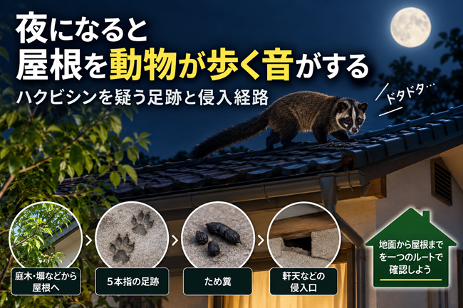 夜になると屋根を動物が歩く音がする｜ハクビシンを疑う足跡と侵入経路